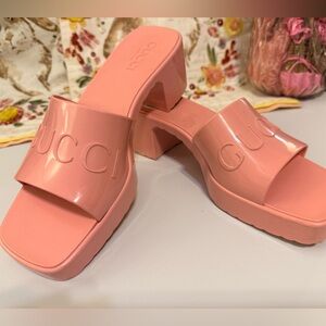 Vacation ready  Gucci Rubber Logo Slide Mid Heel Sandal Women Pink Eur 37/ US 7